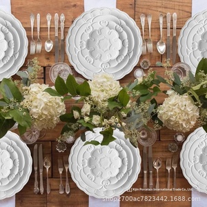 White Ceramic Dinnerware <b>Set</b> Round Embossed Plant Pattern Classic Design Dishwasher Safe Durable Tableware for Daily Use - Product Image 3