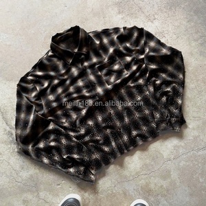 Chemises à carreaux en flanelle lavée avec strass, style vintage, à manches longues, personnalisées, design mode, grammage lourd - Product Image 1