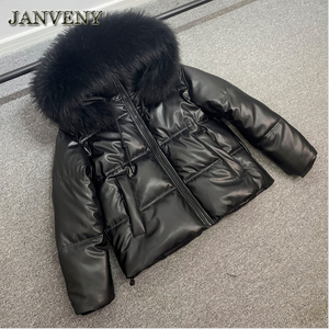 Jaket Kulit Imitasi Berkerudung Bulu Rakun Asli JANVENY Musim Dingin Wanita, Parka Tebal Tahan Air Berlapis Kapas Mengkilap, Mantel Kulit Imitasi - Product Image 6