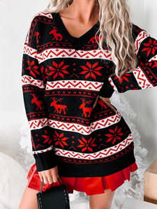 Maglione da donna con scollo a V nero di natale maglieria ampia con modello di renna rossa a cartoni animati maglione Casual invernale con Logo anteriore - Product Image 4