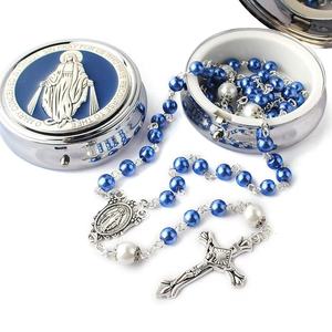 Rosario con Croce della Vergine Maria in Vetro e Perle Finte, Fatto <span class=keywords><strong>a</strong></span> <span class=keywords><strong>Mano</strong></span>, con Ago Curvo, per Comunione e Battesimo, Vendita Transfrontaliera - Product Image 1