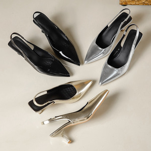 Chaussures élégantes pour femmes, dorées et argentées, fines, couleur unie, à bout pointu, avec talon ouvert, confortables, tendance mode été-automne, en PU - Product Image 4