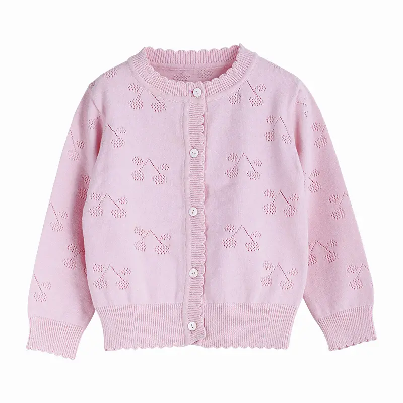 봄 새로운 디자인 어린 소녀 100% 면 아름다운 라운드 칼라 체리 패턴 핑크 카디건 스웨터