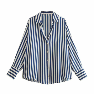 Camisa de mujer Fabricantes personalizados ODM Rayas Turn Down Collar Manga larga Button Down Tops Trabajo Oficina Blusas formales personalizadas - Product Image 4