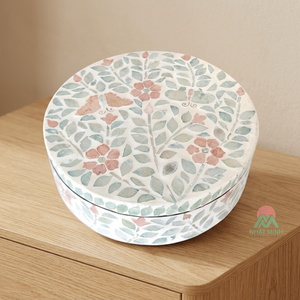 Premium handcrafted round rotating <b>box</b> featuring <b>mother</b>-of-pearl inlay and pearl accents—a luxurious home décor piece - Product Image 5