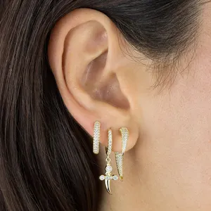 Fashion Jewellery 925 Silver 14k Gold Diamond Cz Medium Huggie Hoop Earrings Women Wholesale