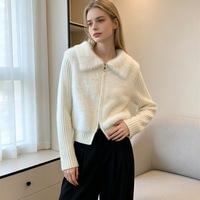 Cardigan en tricot doux pour femme avec empiècements en fausse fourrure de vison, col à revers, double fermeture éclair, manches longues, coupe courte, style pull ou manteau en tricot doux