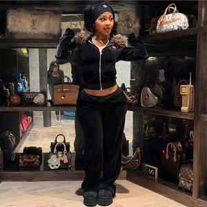 Completo da <span class=keywords><strong>Donna</strong></span> Collezione Mardi Gras, Set Loungewear Waydam con Colletto in Pelliccia, Giacca con Cappuccio in Velluto <span class=keywords><strong>Streetwear</strong></span>, Completo Due Pezzi <span class=keywords><strong>Abbigliamento</strong></span> <span class=keywords><strong>Donna</strong></span> - Product Image 1