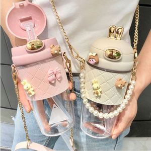 380ml 580ml Cute Rabbit Ear Plastic Water Bottle Cup Ins Girl Kids Portable Plastic Bottle <b>with</b> <b>Straw</b> Pearls Metal Chain Strap - Product Image 1