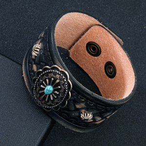 <b>Leather</b> <b>Bracelet</b> With Petal Metal Inlay And Turquoise Vintage Style Fashion Wrap <b>Bracelets</b> - Product Image 2