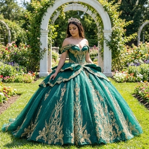 Dy1547 Emerald Green Shoulder Gold Applique Glitter Chiffon <b>Ankle</b>-Length Ball Gown Vintage Quinceanera Dress Beaded Corset Sweet - Product Image 1