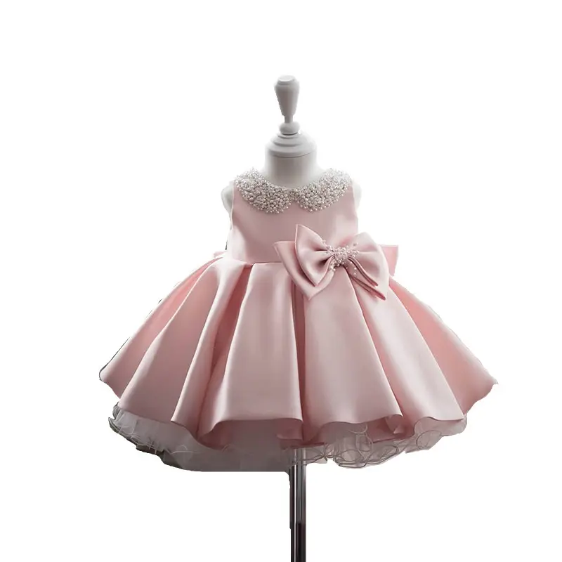 Boutique Summer 2022 Beading Bow Sleeveless Peter Pan Pink Ivory Baby Toddler Girls Princess Party Dresses
