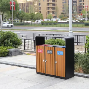 ストリートメタル灰皿ゴミ箱木製リサイクルと3コンパートメントゴミ箱屋外廃棄物仕分けビン