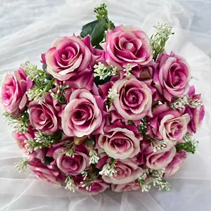새로운 디자인 하이 퀄리티 18 머리 장미 꽃다발 실크 꽃 빨간 결혼식 신부 꽃다발 홈 인테리어 꽃병 DIY 장식.