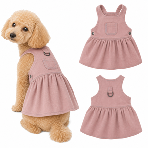 Solid Pink Twill Sleeveless Suspender <b>Dog</b> Dress pet clothes mexico oem pet clothes Back D Ring Pocket Pleated Skirt - Product Image 1