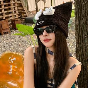 Bonnet mignon pour femmes broderie <span class=keywords><strong>3D</strong></span> impression numérique Protection chaude Plaid frisé dessin animé personnage oreilles à la main pour voyage - Product Image 4