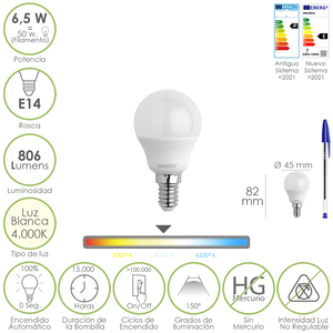 Lampadina LED, sferica, attacco a vite E14. 6,5 Watt. Equivalente a 50 Watt. 806 Lumen. Bianco Neutro 4000K. - Product Image 1