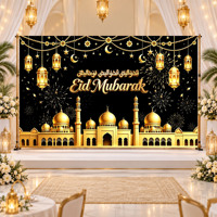 Nouvelle bannière en polyester 2027 pour l'Aïd Moubarak, toile de fond noire et or, Ramadan Kareem, mosquée, lanterne, lune, étoile, pour décoration de fête et photos