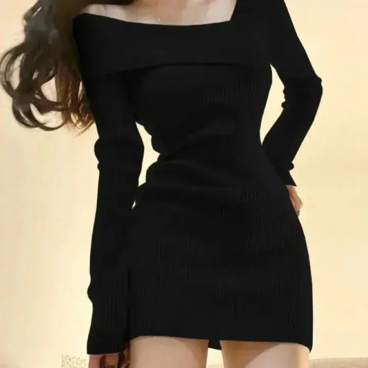 Deeptown Korean Style Mini Knitted One-piece Dress Women Coquette Sexy Long Sleeve Tunic Cabaret Dresses Khaki Winter Clothes