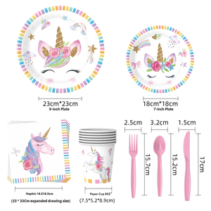 Ensemble de vaisselle jetable <span class=keywords><strong>licorne</strong></span> de dessin animé pour fêtes d'anniversaire, assiettes et gobelets en papier roses pour filles, fournitures de table jetables - Product Image 4