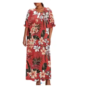 栗色波利尼西亚萨摩亚花朵印花女装派对夏威夷连衣裙粉扑袖前庭女性优雅夏季休闲连衣裙