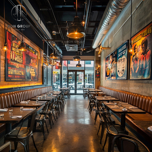 Ensemble commercial <span class=keywords><strong>de</strong></span> mobilier <span class=keywords><strong>de</strong></span> restaurant industriel Ron Group : banquette capitonnée à dossier haut, table carrée en bois massif et chaise en métal - Product Image 2
