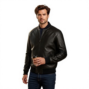 Blouson aviateur en cuir de vachette noir pour homme, style moto, fermeture éclair, coupe classique, couleur unie, col rabattu, vêtement d'automne - Product Image 4