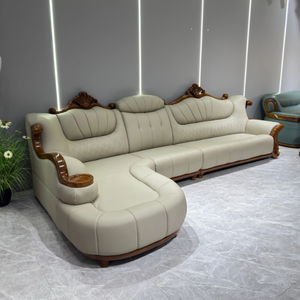 Luxury Genuine Leather Solid Wood Corner <b>Sofa</b> <b>Set</b> Living Room European Style Sectional L-Shape Combination Wooden Carving - Product Image 1
