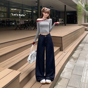 <span class=keywords><strong>Jeans</strong></span> da donna a <span class=keywords><strong>vita</strong></span> alta, blu scuro, a gamba larga, casual, tinta unita, traspiranti, ad asciugatura rapida, in denim primaverile, con design snellente, lavaggio medio - Product Image 4