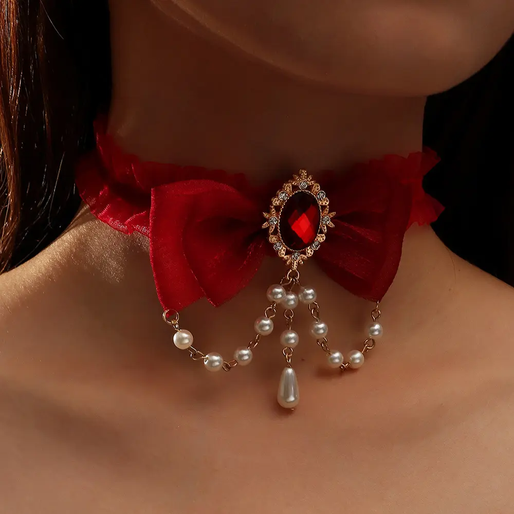 Colar fantasia da moda, joias para senhoras e meninas, pingente de pérolas falsas, de strass vermelho