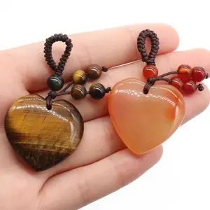 30mm agate crystal stone Heart Woven Keychain Heart Shaped Natural gem Stone Peach love Pendants keyring