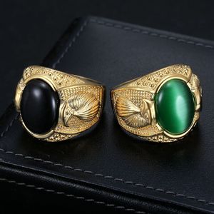 Bague Aigle en Acier Inoxydable Plaqué Or pour Homme, Bijou Géométrique avec Sertissage Clos, Pierre Verte et Noire, Rivets à Points, Cadeau - Product Image 1