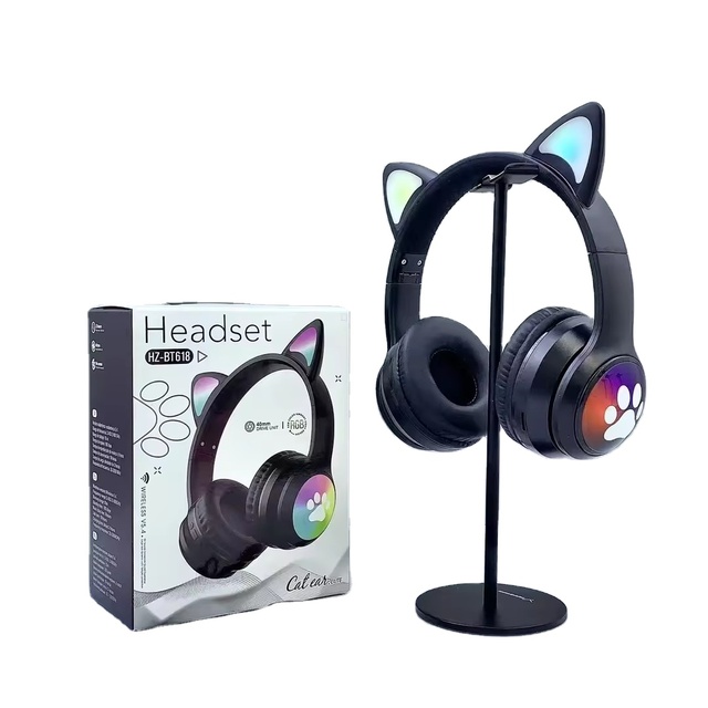 New Wholesale Cute Cat Ear Wireless BT Headset with Microphone RGB LED Light and Gradient Color Glow in the Dark Cat Ear Design