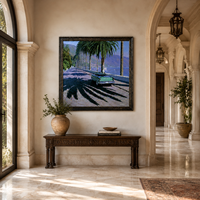 Pintura al Óleo Vintage de Carretera con Palmeras junto al Lago, Cuadro Retro con Marco de Madera Negra, Arte Escénico para Decoración de Salón de Hotel/Villa