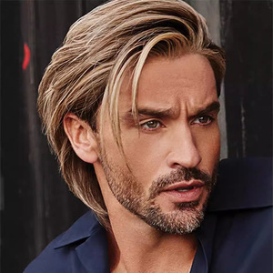 Perruque sans lacets pour hommes européens et américains, courte, bouclée/lisse, brun doré, avec filet rose, coiffure avec raie, modèle M1954 - Product Image 4