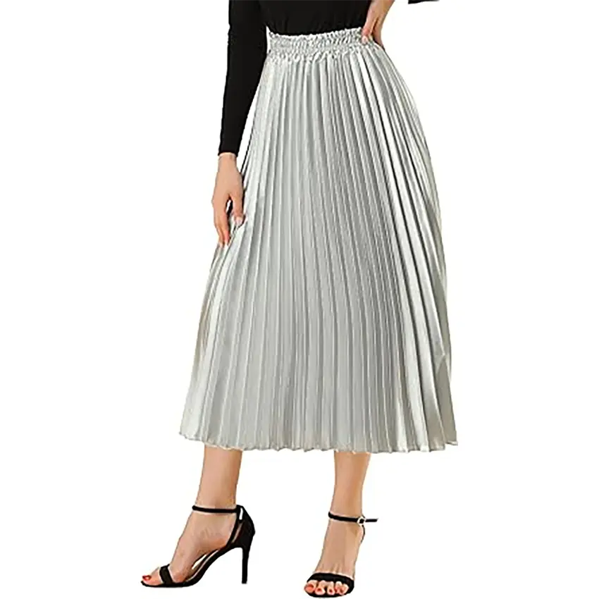 Women's Elegant Solid Pleated Skirt Elastic Waistband Wedding Party A-line Skirt
