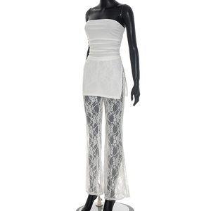 Viviblook D26JP093 Mono de Verano para Mujer, Sexy, Sin Mangas, Sin Tirantes, Color Sólido, con Abertura, Encaje, Patchwork, Estilo Flare, para Club - Product Image 5