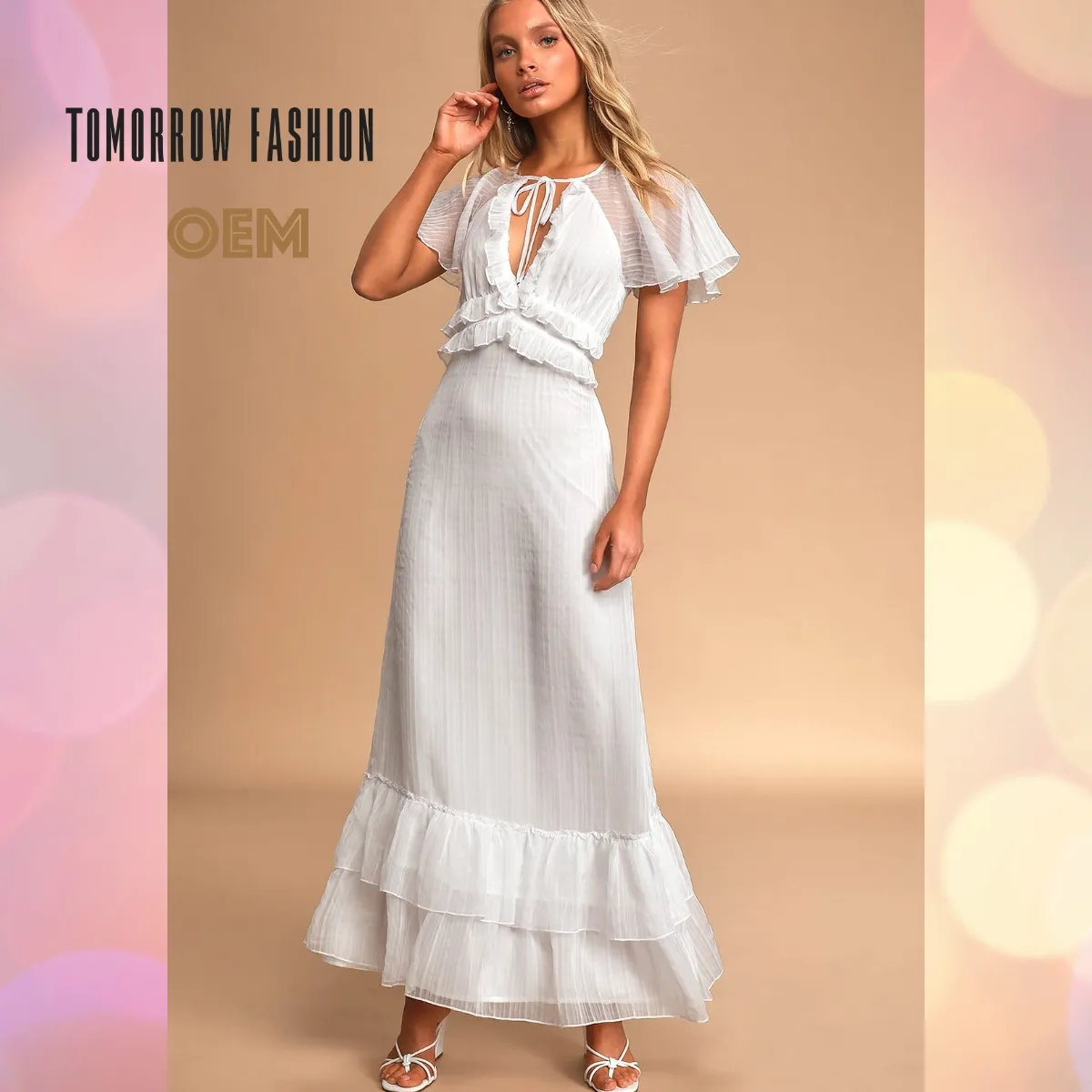 Summer INS Hot Sale White Ruffled Short Fluttery Sleeve Loosely Fitted Long Maxi Dresses Women Ladies