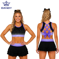 Ensemble soutien-gorge de sport et jupe personnalisés pour filles, noir et bleu clair, avec strass, dos croisé et nœud, pour entraînement de cheerleading