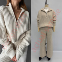 Conjunto de punto chic de 2 piezas: Suéter holgado de media cremallera y pantalones de pierna ancha de cintura alta