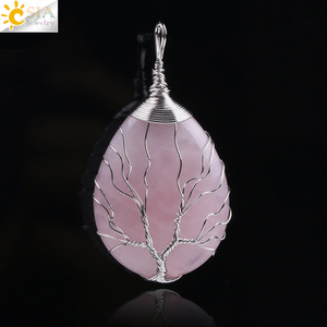 Colgante de piedra de cuarzo rosa natural CSJA hecho a mano Alambre de color plateado envuelto Árbol de la vida colgantes de lágrima de cristal <span class=keywords><strong>F122</strong></span> - Product Image 1