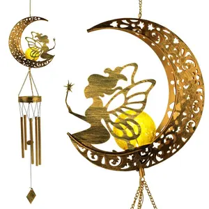 MorSun Wrought Iron Hollow Moon Fairy Outdoor Solar Wind Chimes Light for Parents Gift Yard Decoration