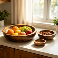 Ensemble de bols à salade vintage en bois massif à fond peu profond, avec bord large, bols à fruits en bois naturel, empilables, pour la présentation des aliments en cuisine