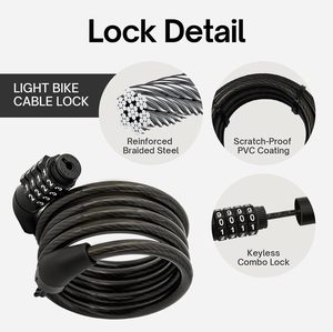 <span class=keywords><strong>Candado</strong></span> de Cable <span class=keywords><strong>Ligero</strong></span> para Bicicleta BY532, Combinación de 4 Dígitos, 1.2 m de Largo, Reajustable, Alta Seguridad, Recubierto de Vinilo, Antirrobo, Diámetro de 5/16 - Product Image 3