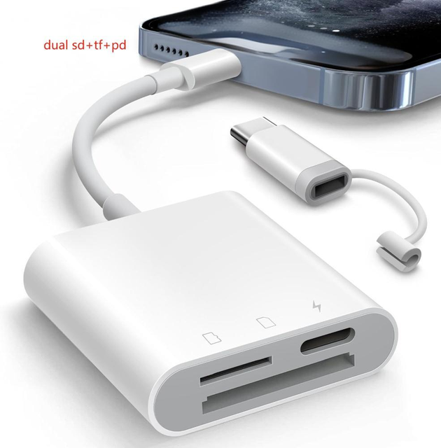 USB C Dual Connector 3 in 1 Memory Card Reader 3 Slot SD TF PD30w OTG Adapter for iPhone for iPad Trail Game Android Devices