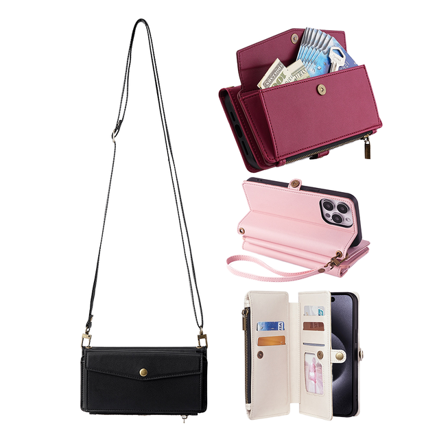 PU Leather Wallet Phone Case with Crossbody Strap Zipper Card Holder Flip Cover for iPhone 13 14 15 16 17Pro Max Shockproof Case