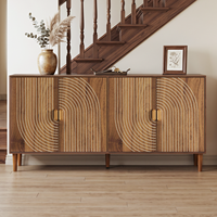 Lemari Penyimpanan Walnut, Kredenza 4 Pintu dengan Detail Alur Vertikal, Lemari Aksen Multifungsi