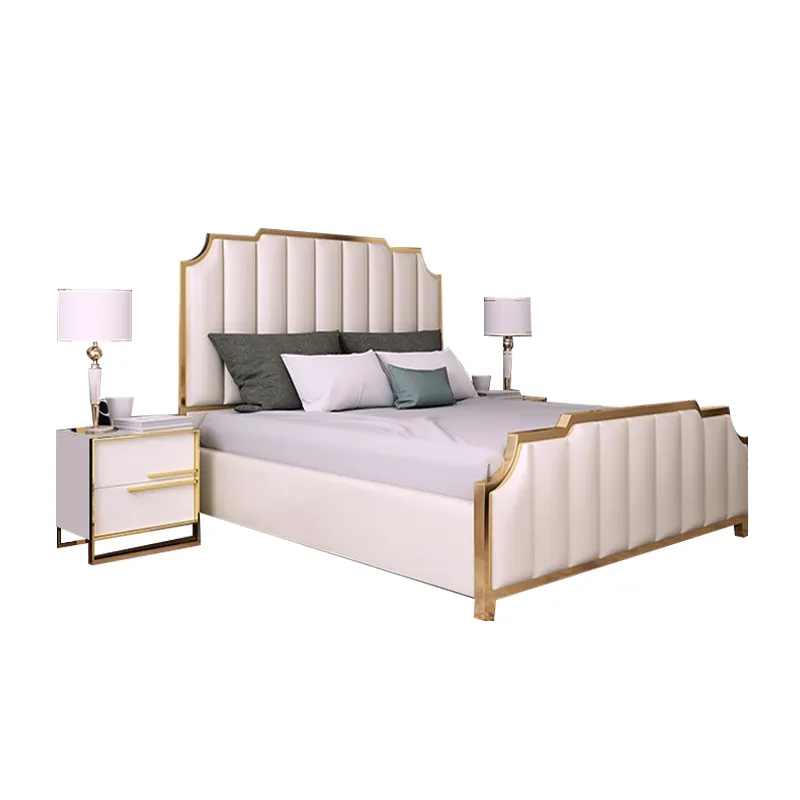 Meuble de chambre à coucher confortable, lit de luxe, en cuir, italien moderne, jambe en métal, lit Double King Size avec couvre-chef haut
