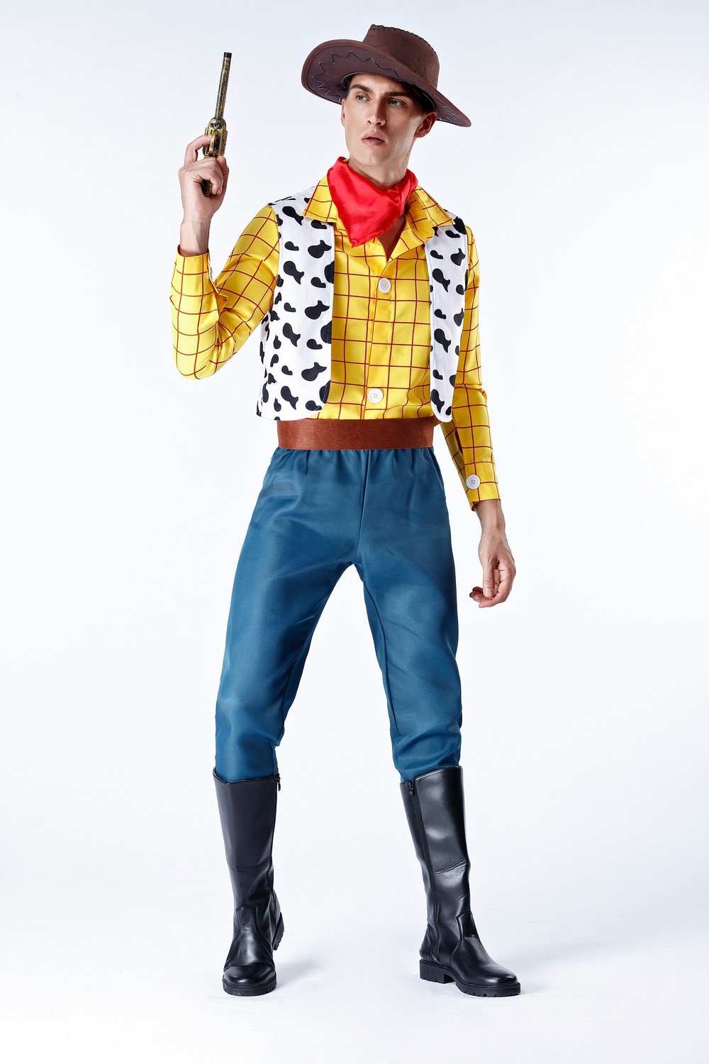 Cappello da cowboy maschile adulto, sciarpa, giacca, pantaloni, cintura - giallo