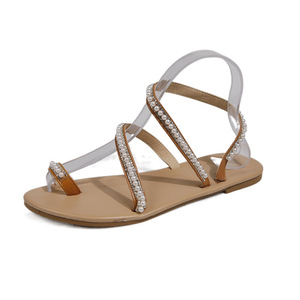 Sandales plates élégantes pour femmes avec décorations en perles, anneau d'orteil et bride de cheville, chaussures décontractées d'été pour les vacances - Product Image 4